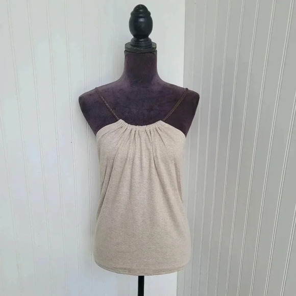 Truly B Womens Beige Brown Braided Leather Ruffle Neck Summer Cami Tank Top S - Picture 1 of 11